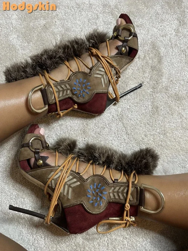 Patchwork Suede Faux Fur Decor - Sandal Strappy Heeled review and price