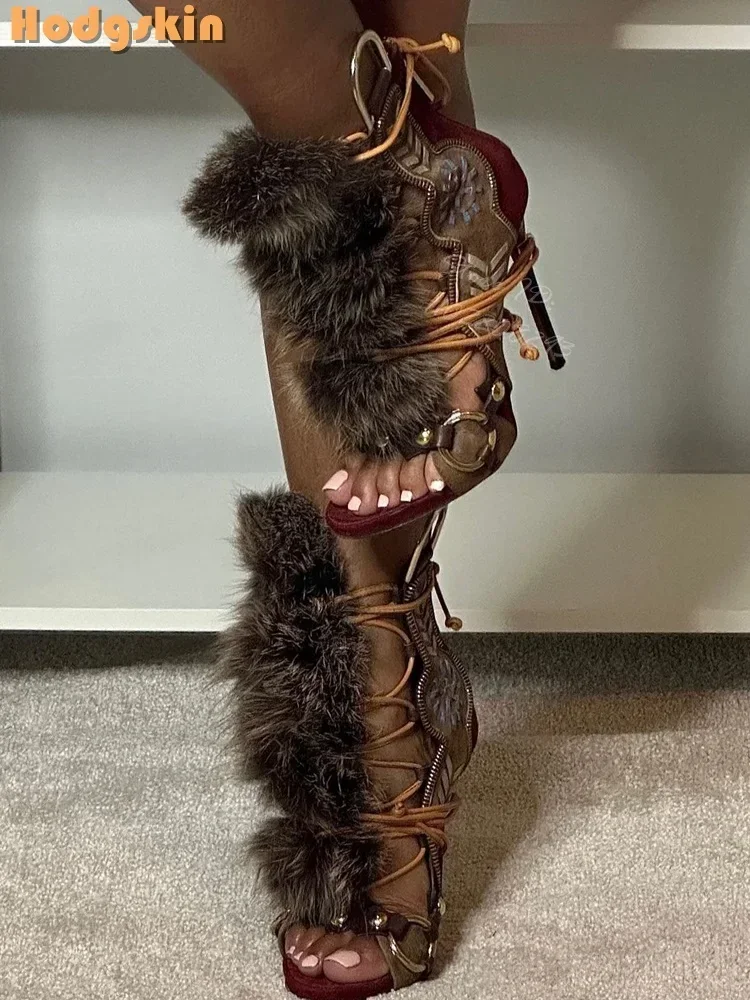 Patchwork Suede Faux Fur Decor - Sandal Strappy Heeled review and price