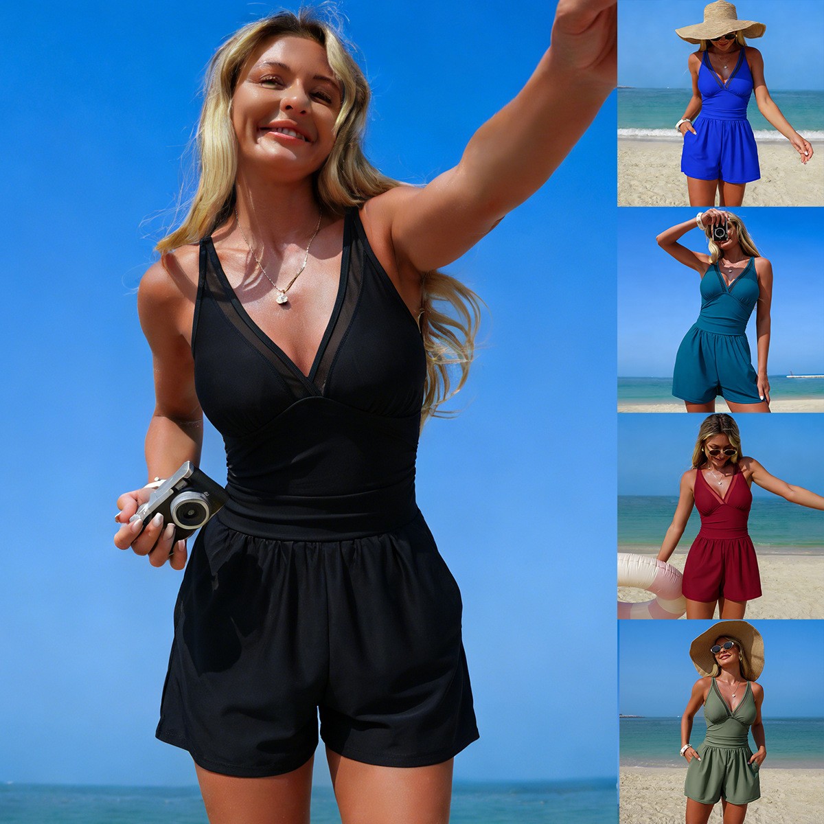 Black Solid Color Sleeveless V - Swimsuit Bikini Ruched review and price